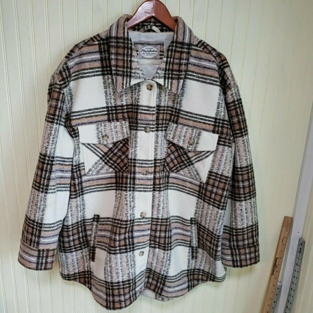 Flag & Anthem Jacket Mens XL White Plaid Flannel Shacket Button Front